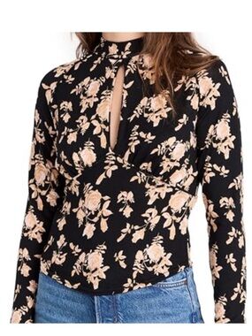 Free People Black Tan Floral Keyhole Mock T Neck Brushed Jersey Blouse Sz S